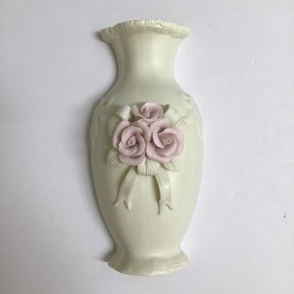 Bisque Wall Pocket Vase Pink Roses Cream Bisque Bows Ceramic Cottagecore Vintage - Picture 2 of 10